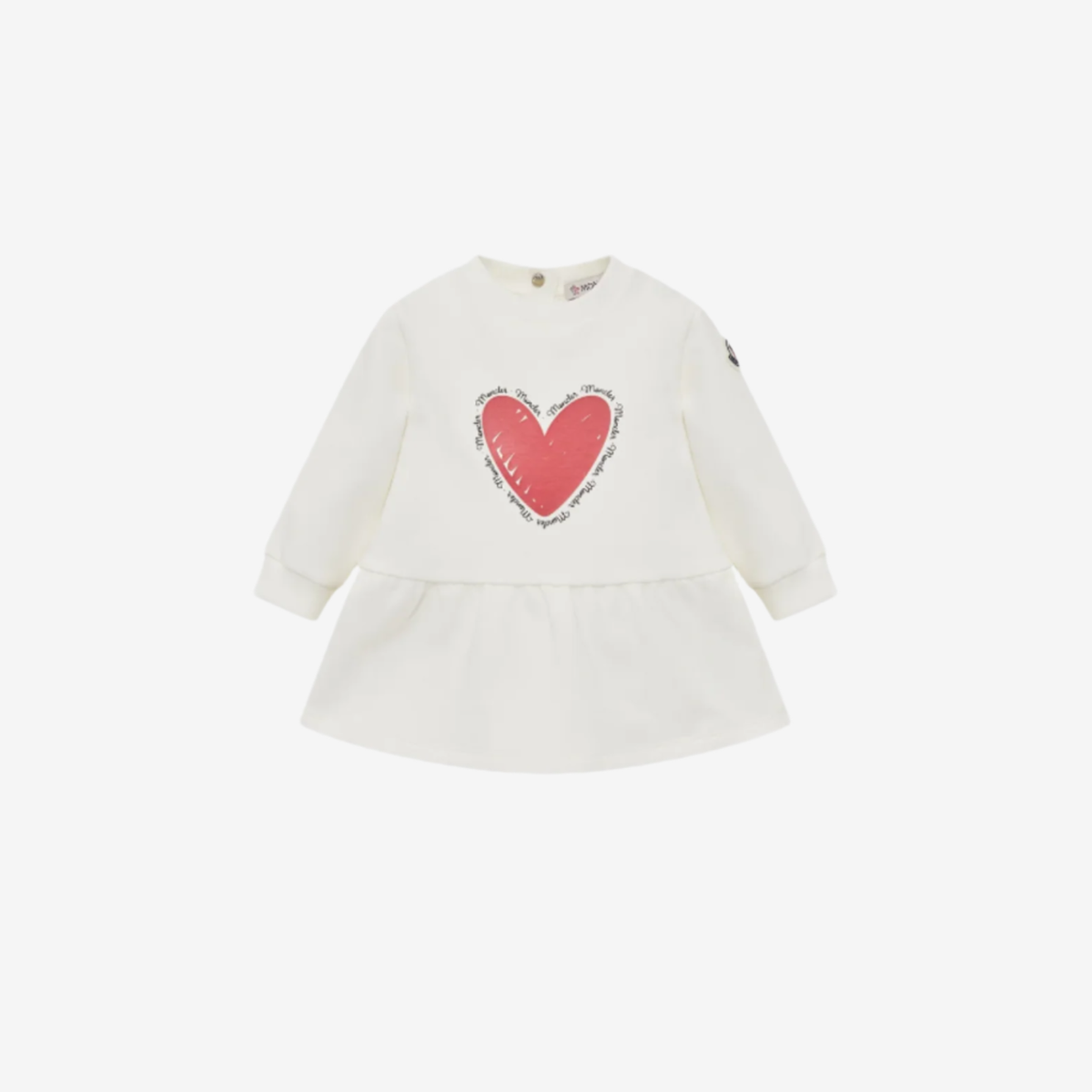 White baby dress with a red heart design on a white background