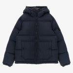 A dark navy blue hooded puffer jacket with a front zipper, horizontal quilting, and two front flap pockets, shown against a plain white background.