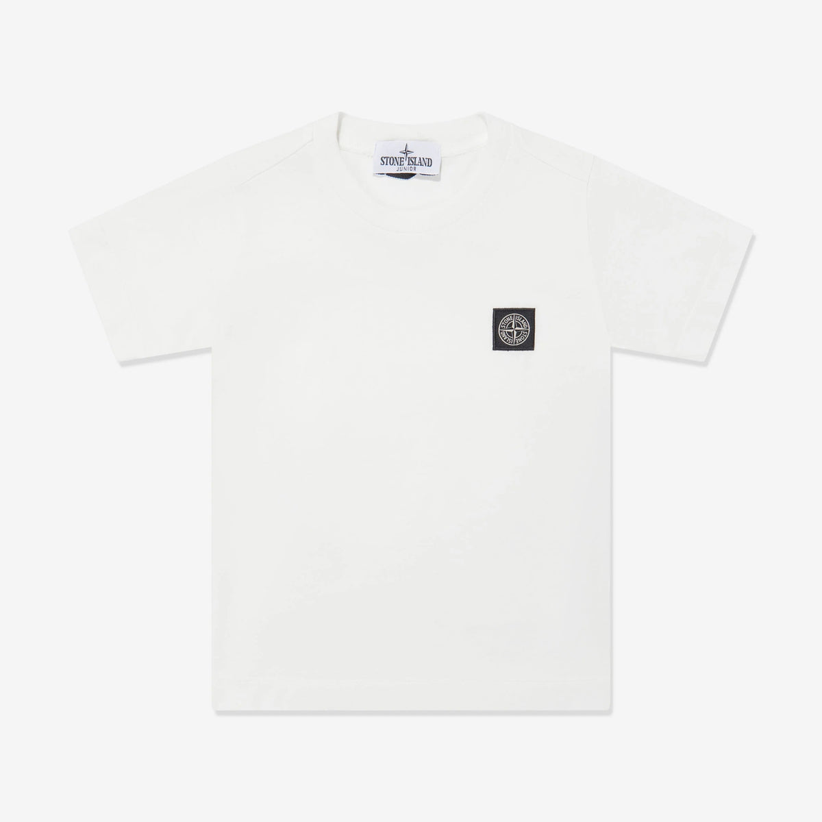 White t-shirt with a small logo on a white background
