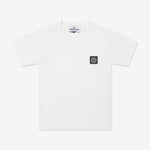 White t-shirt with a small logo on a white background