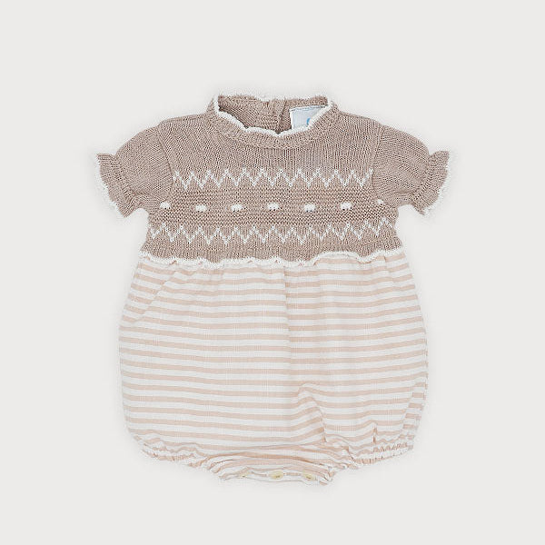 Sardon Baby Girls Beige Striped Knit Romper | Casa Childrenswear