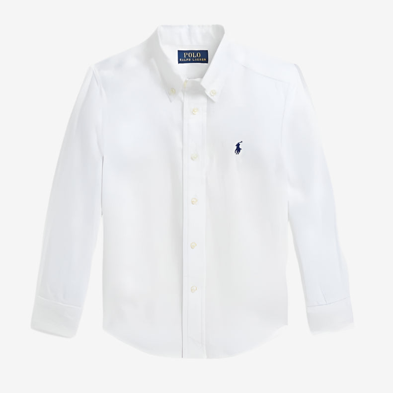 A white linen shirt with a collar, buttons down the front, and a signature embroidered Pony on the left chest.