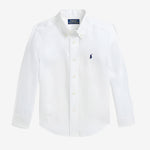 A white linen shirt with a collar, buttons down the front, and a signature embroidered Pony on the left chest.
