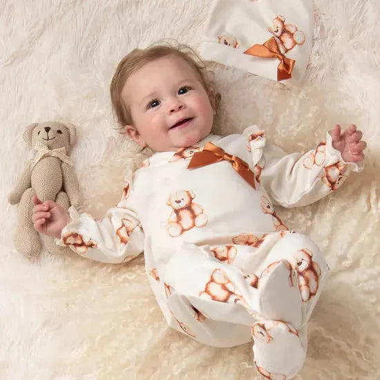 Caramelo Baby Girl White Soft teddy Babygrow with Hat | Casa Childrenswear
