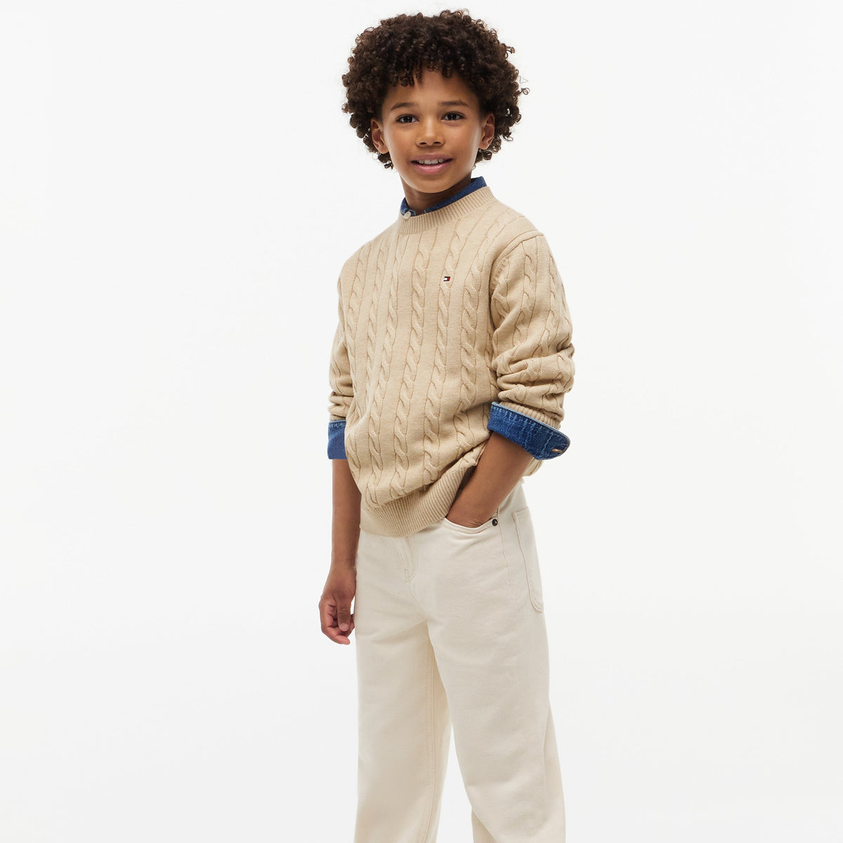 Tommy Hilfiger Boys Camel Cotton Cable Sweater - back view
