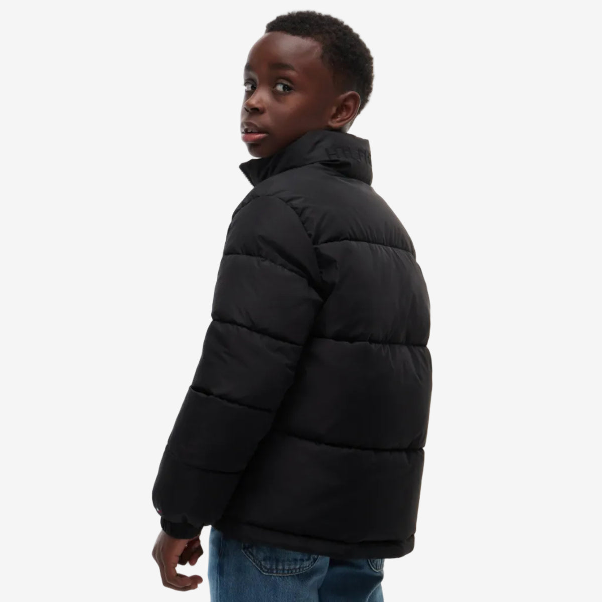Tommy Hilfiger Boys Black Essential Puffer Jacket - logo detail view