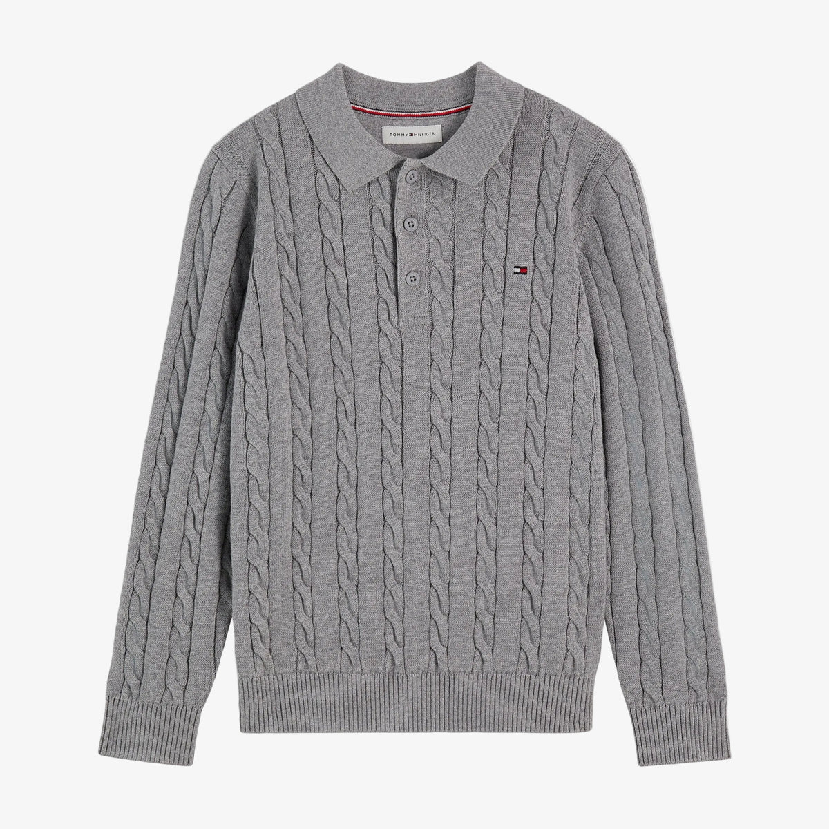 Tommy Hilfiger Boys Grey Cable Polo Sweater - front view