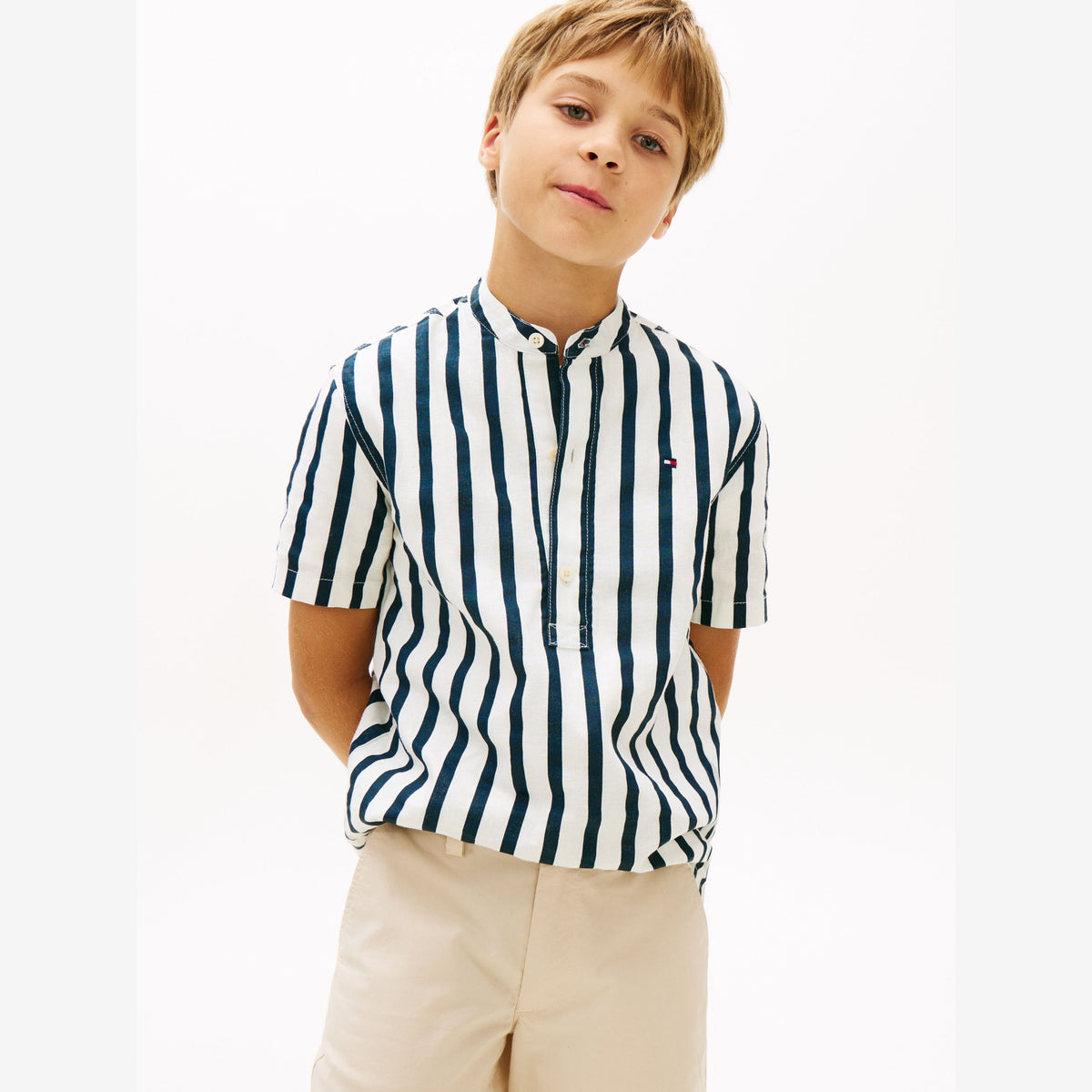 Tommy Hilfiger Boys Navy Stripe Linen Blend Shirt | Casa Childrenswear