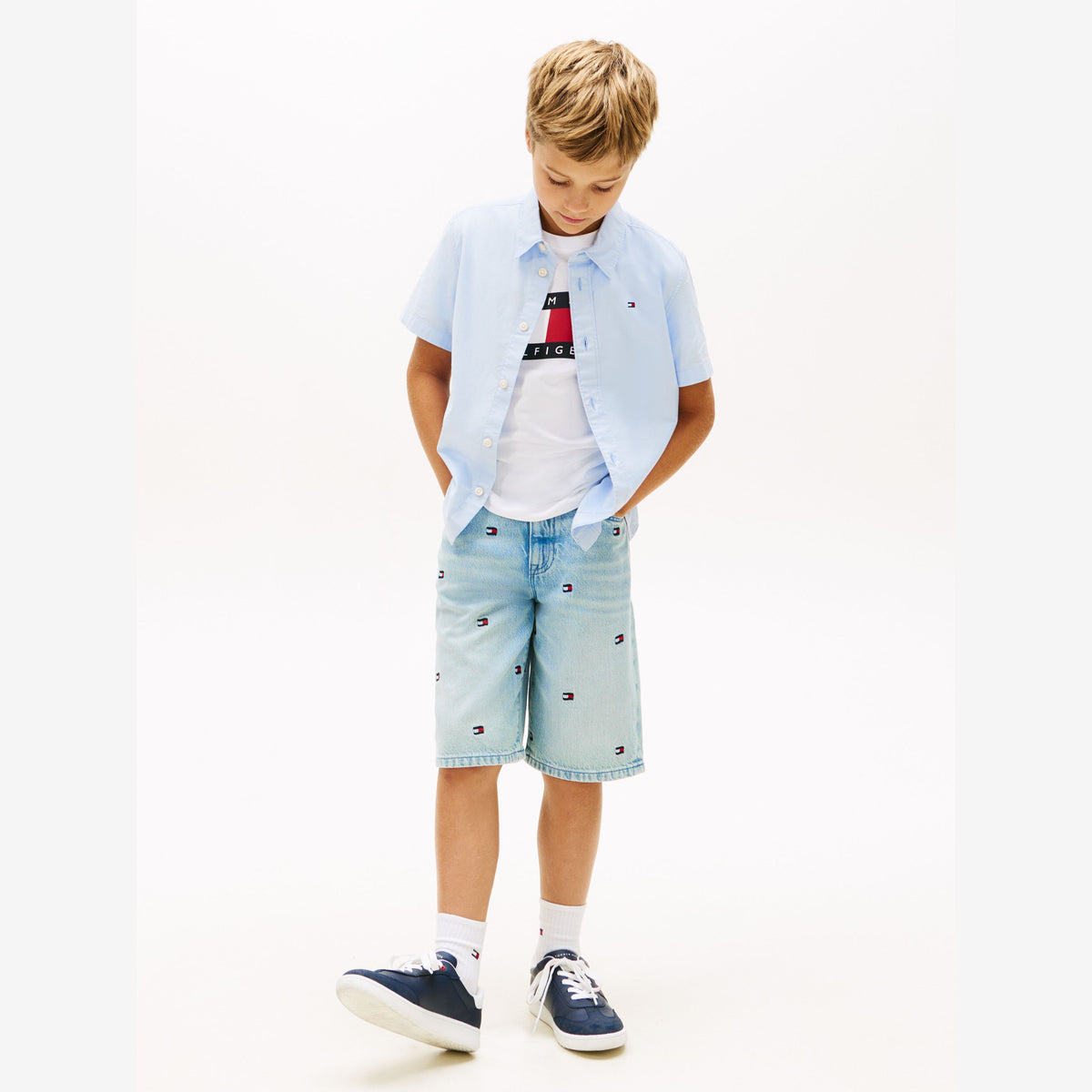 Tommy Hilfiger Boys Blue Short Sleeve Oxford Cotton Shirt | Casa Childrenswear