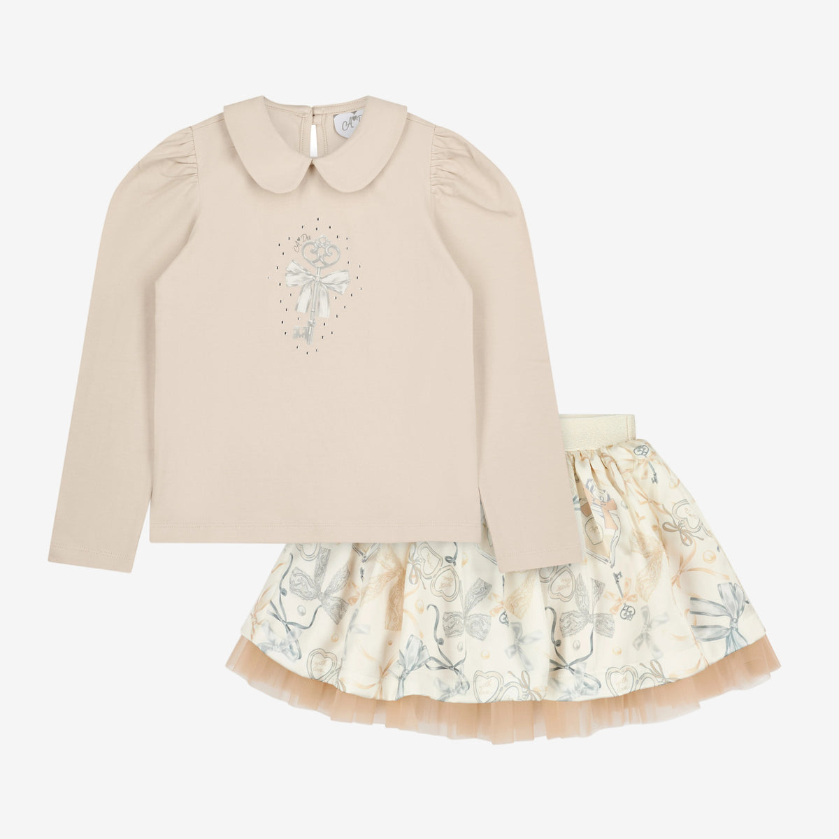 A Dee Brie Beige Bow Print Skirt Set | Casa Childrenswear