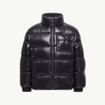 A black puffer jacket with a high collar and front zipper, shown against a plain off-white background.