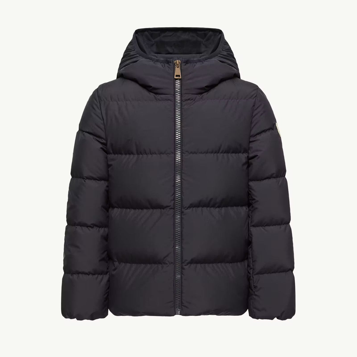 A black hooded puffer jacket with horizontal quilting and a front zipper, shown against a plain off-white background.