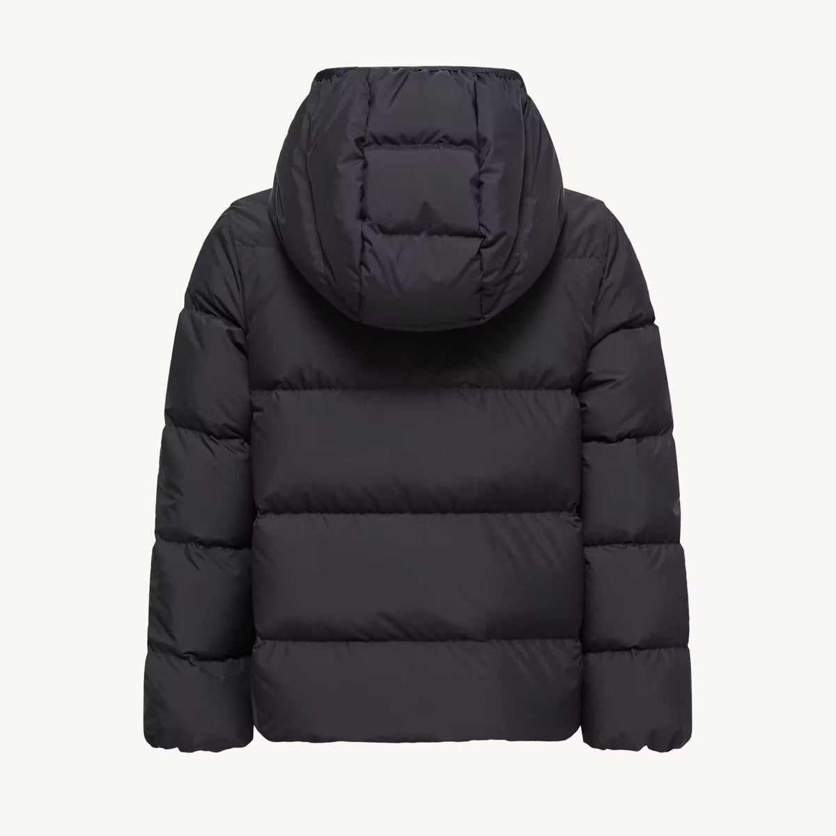 A black hooded puffer jacket shown from the back, featuring horizontal quilting and a padded hood, set against a solid off-white background.
