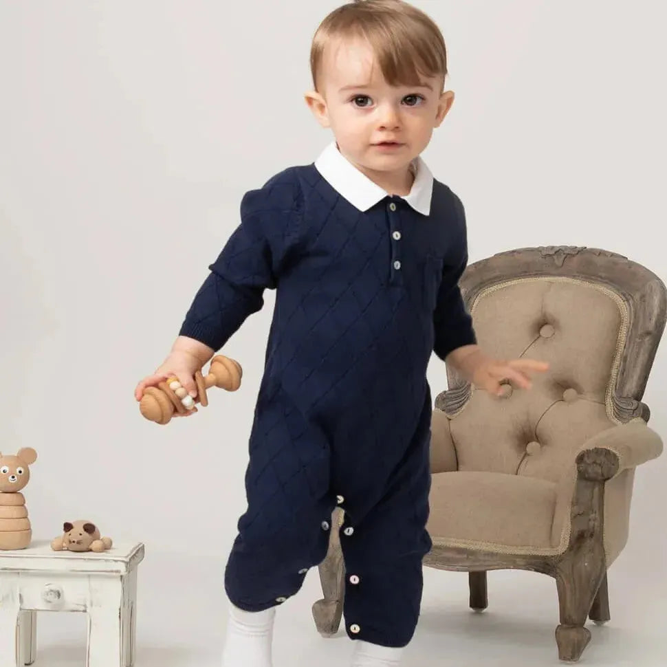 Caramelo Baby Boy Navy Diamond Knitted Romper | Casa Childrenswear