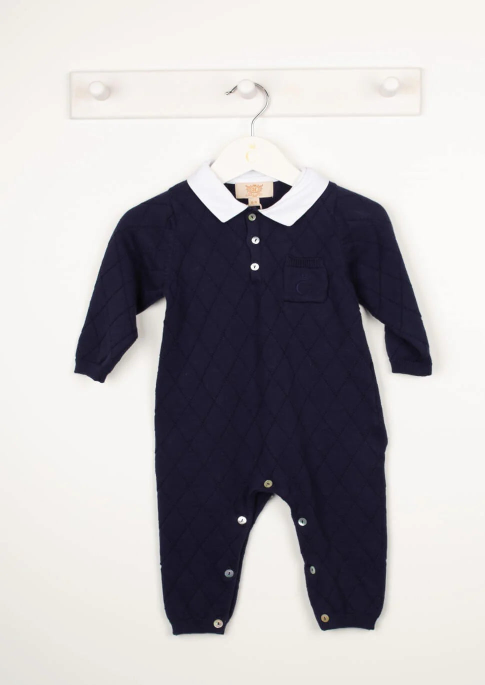 Caramelo Baby Boy Navy Diamond Knitted Romper | Casa Childrenswear