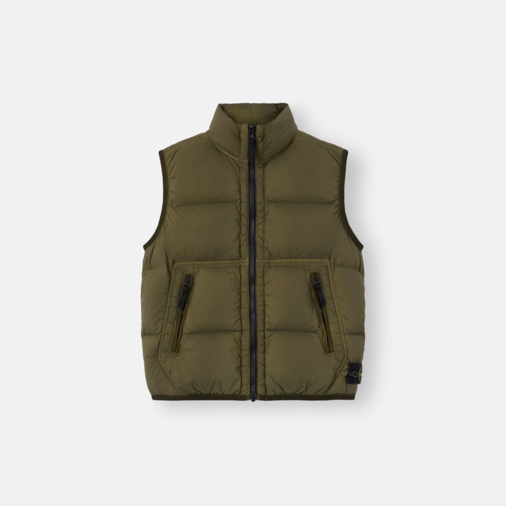 An olive green puffer vest with a black front zipper and zippered pockets, displayed flat against a light gray background.