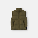 An olive green puffer vest with a black front zipper and zippered pockets, displayed flat against a light gray background.