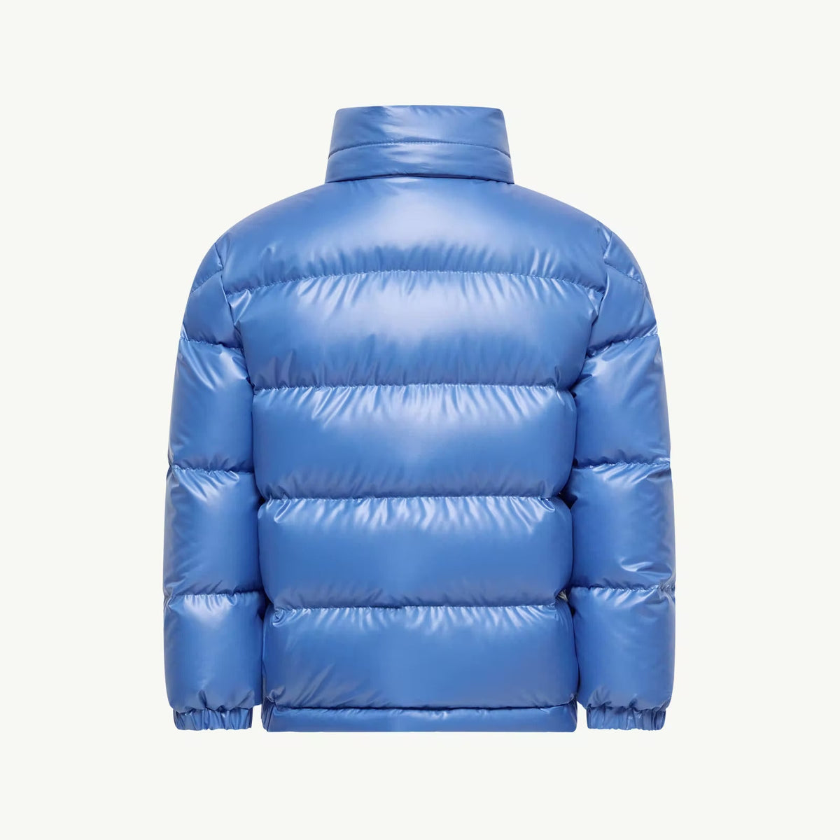 A shiny blue puffer jacket shown from the back, featuring horizontal quilting and a high stand-up collar, set against a plain off-white background.