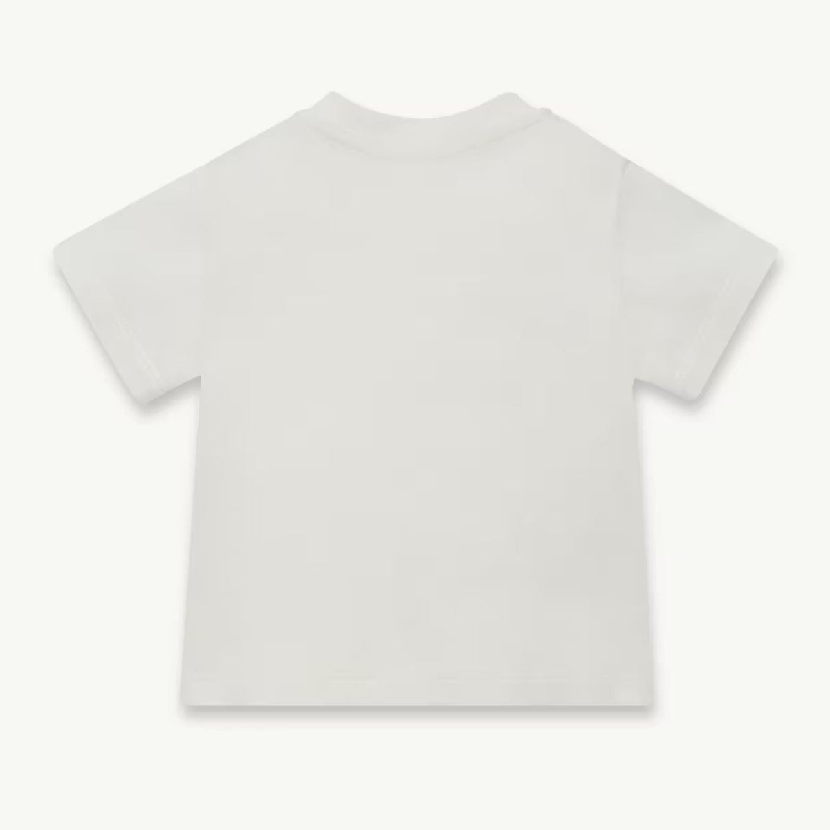A plain white short-sleeve t-shirt shown from the back against a solid off-white background.