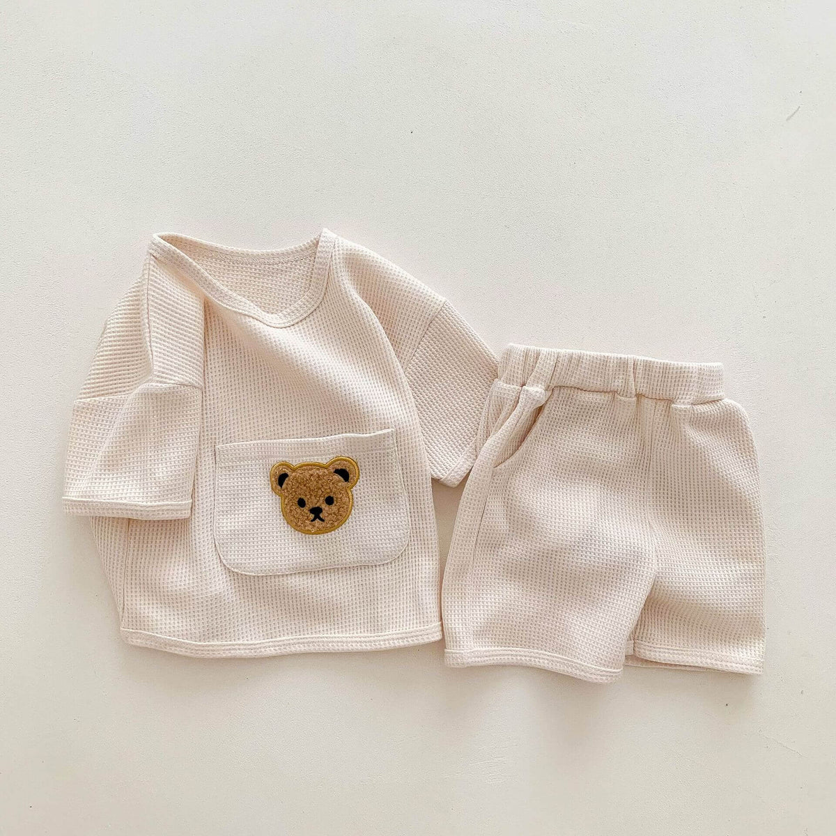 Cozy Crew Club Waffle Bear Beige 2 Piece T-Shirt & Short Set | Casa Childrenswear