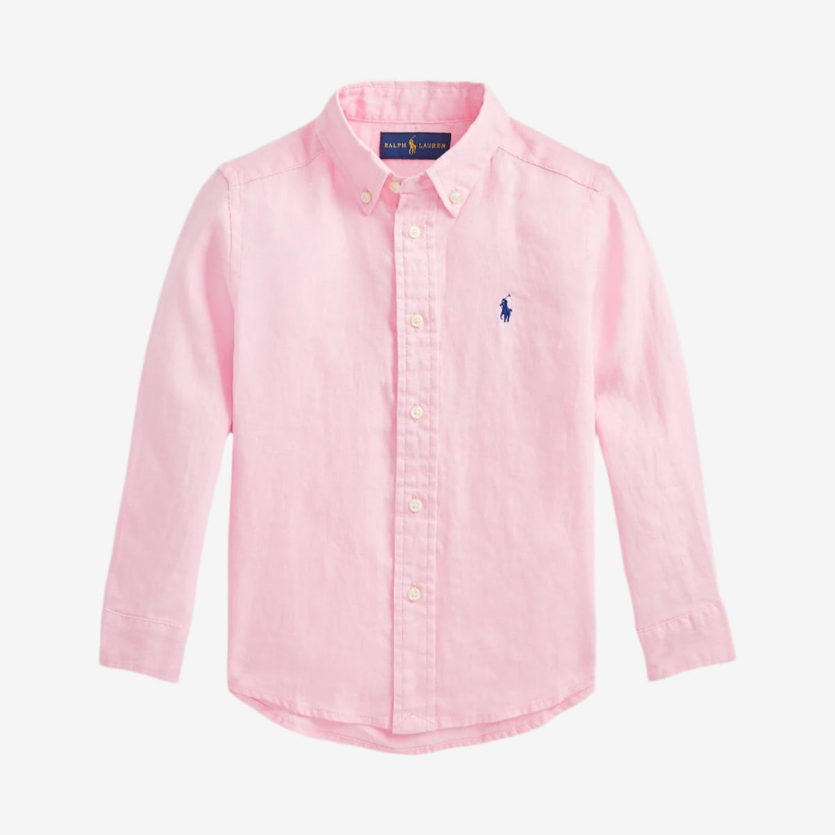 Pink button-up shirt with a logo on a white background