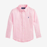 Pink button-up shirt with a logo on a white background