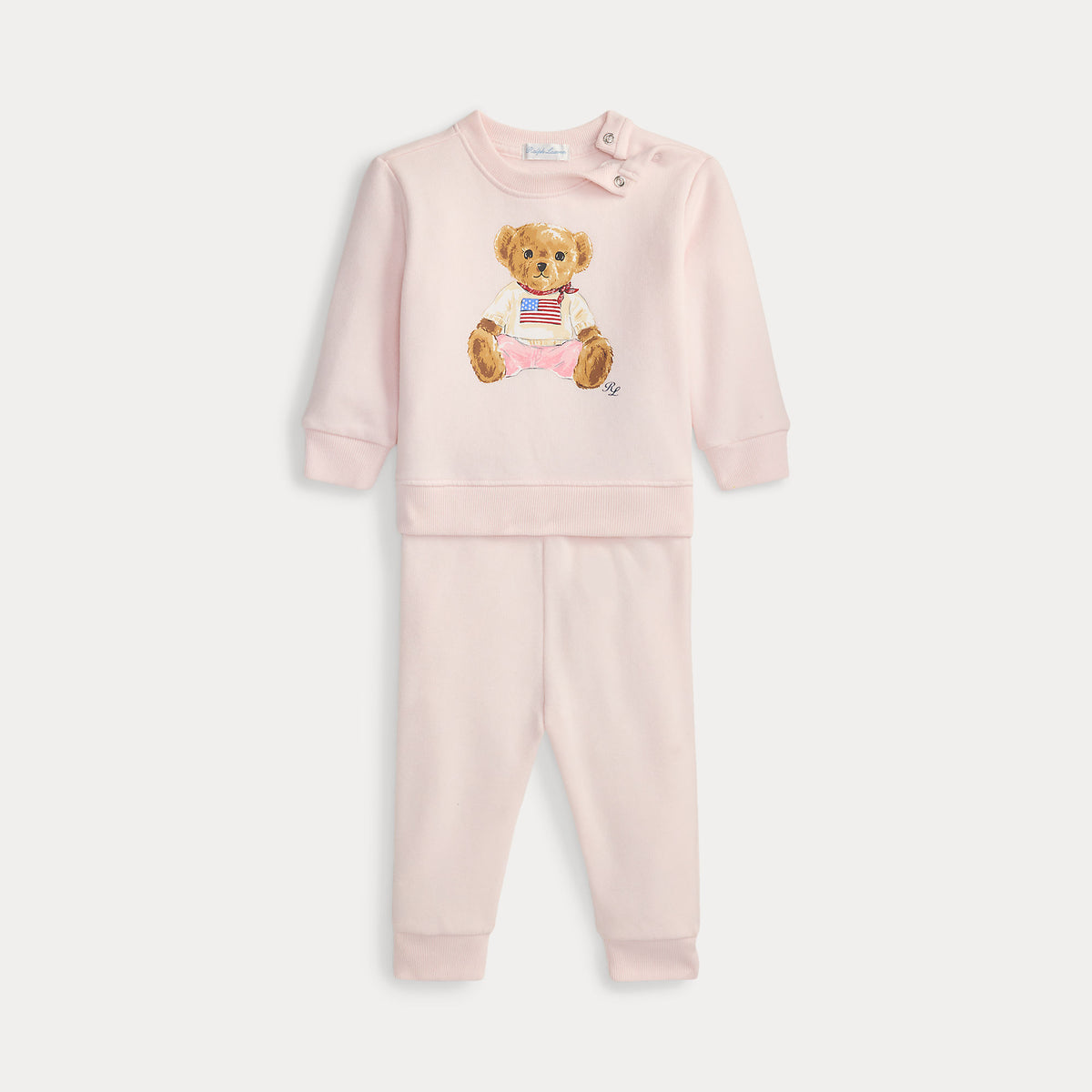 Ralph Lauren Baby Girls Pink Bear Print Tracksuit Set | Casa Childrenswear