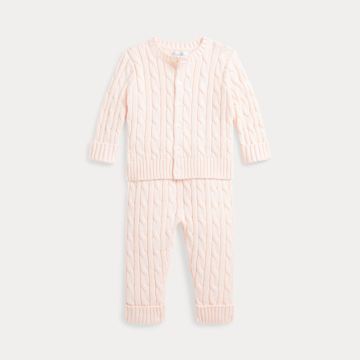 Ralph Lauren Baby Girls Pink Cotton Cable Knit Trouser Set | Casa Childrenswear