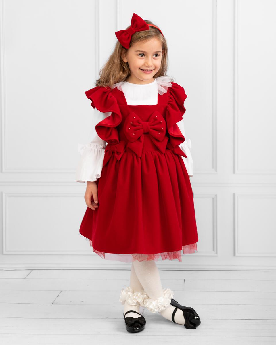 Red Velvet Pinny Dress Set with Headband