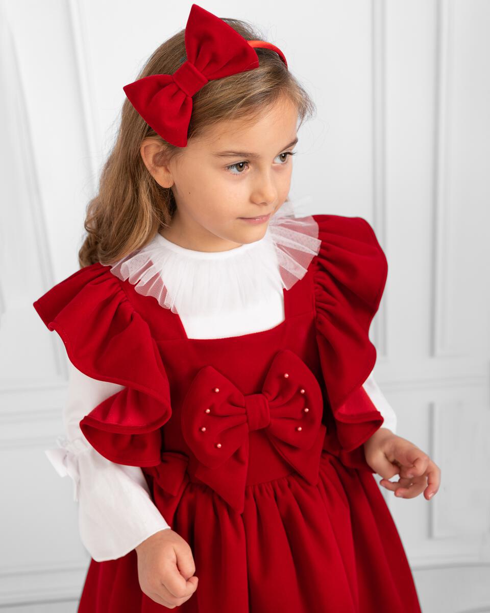 Red Velvet Pinny Dress Set with Headband