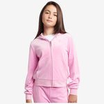 Person wearing a pink tracksuit on a white background