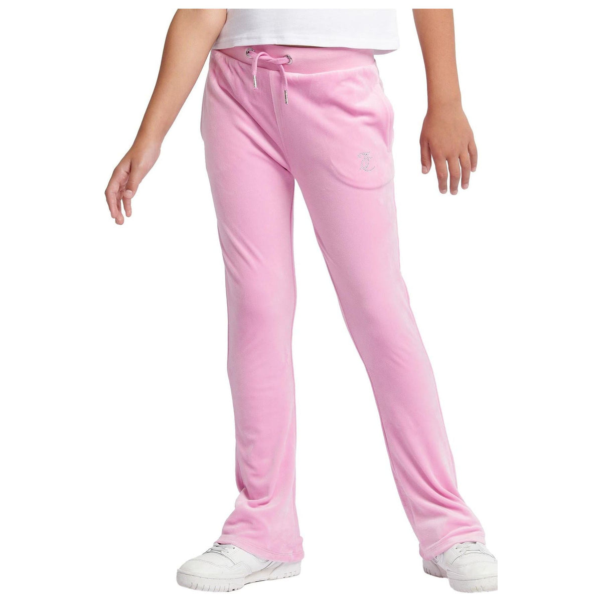 Pink sweatpants worn by a person on a white background