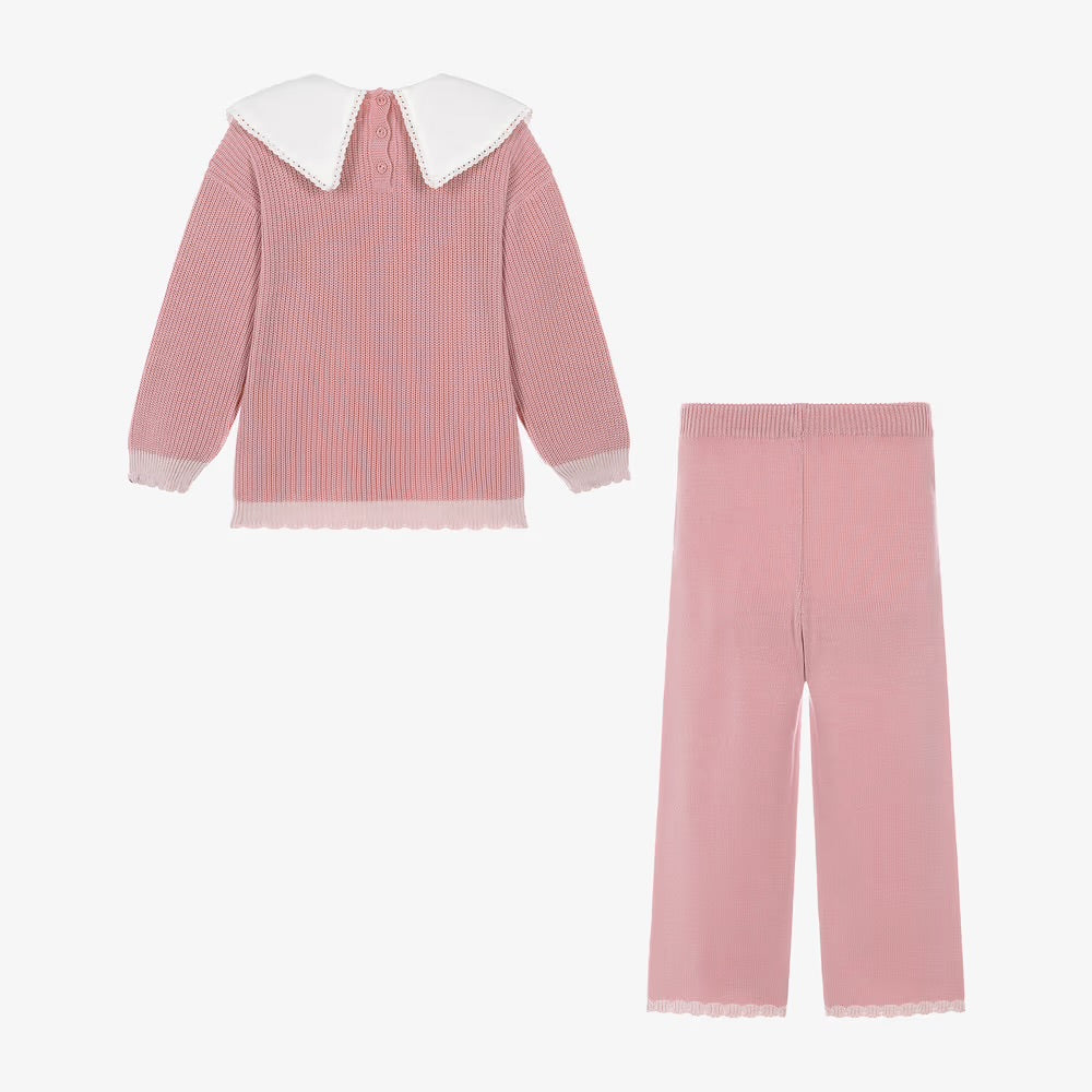 Girls Pink Knit Trouser Set with White Collar