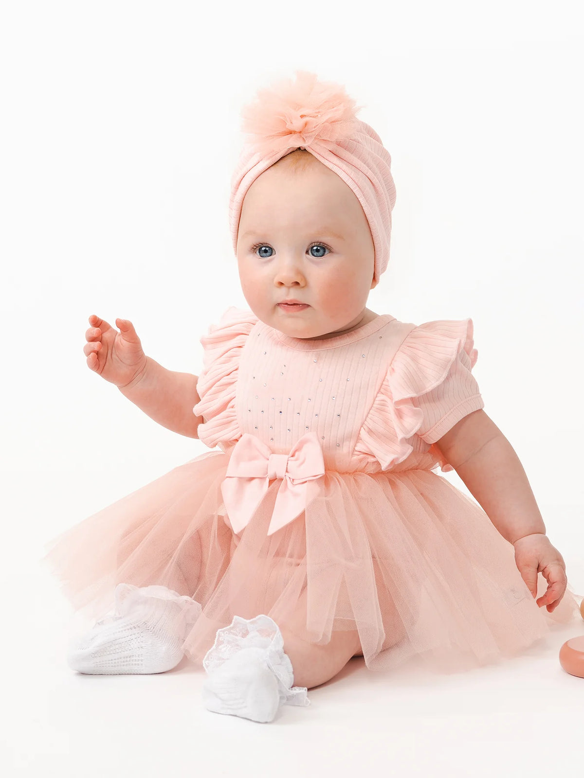 Baby Girl Pink Ribbed Tulie Dress with Turban