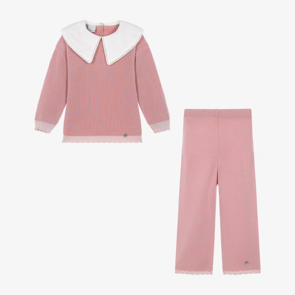 Girls Pink Knit Trouser Set with White Collar