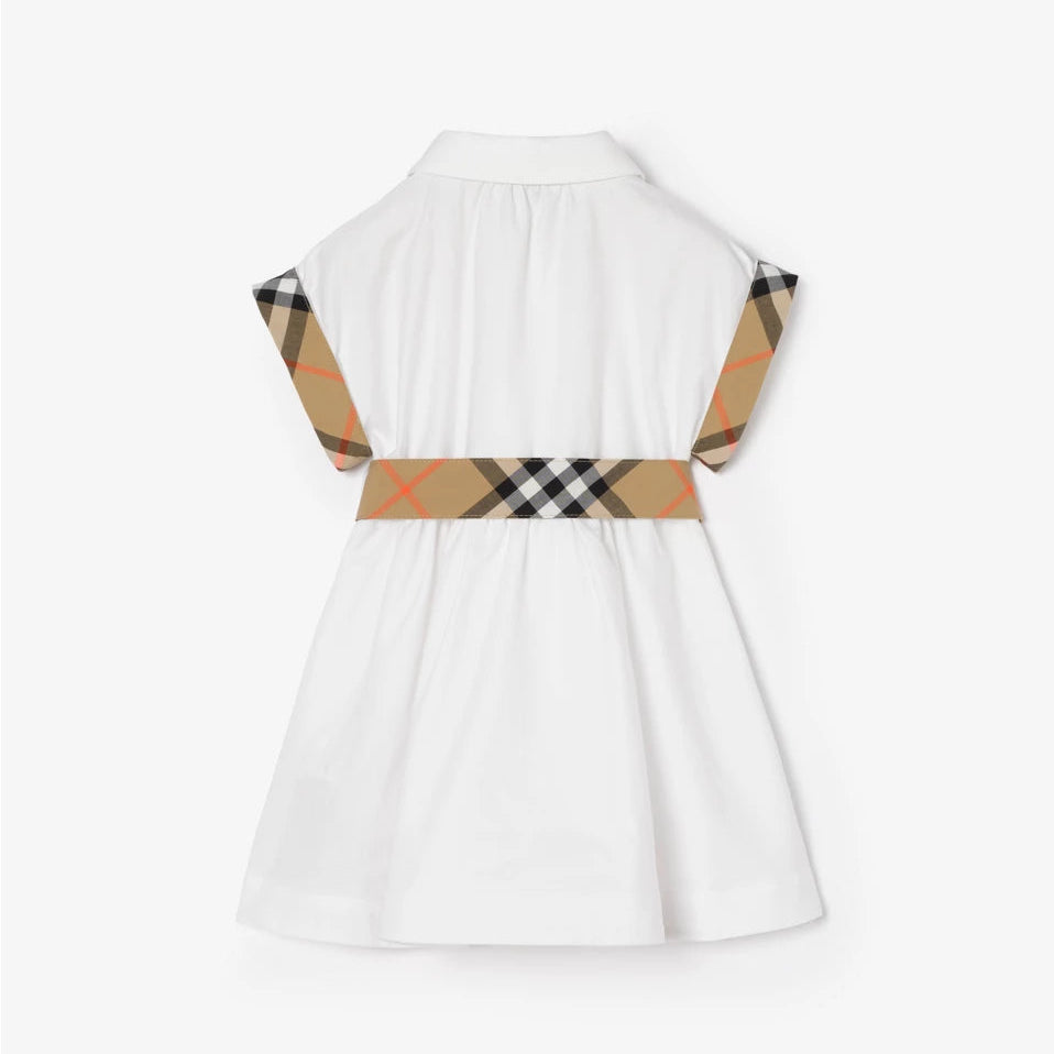 Burberry Baby Girls White Cotton Dress with Check Trims | Casa Childrenswear