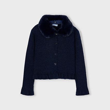 Navy Faux Fur Collar Cardigan