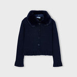 Navy Faux Fur Collar Cardigan