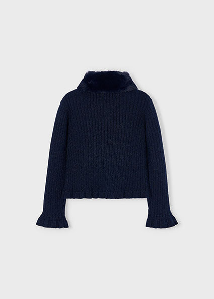 Navy Faux Fur Collar Cardigan