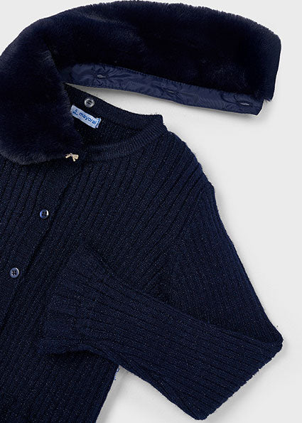 Navy Faux Fur Collar Cardigan