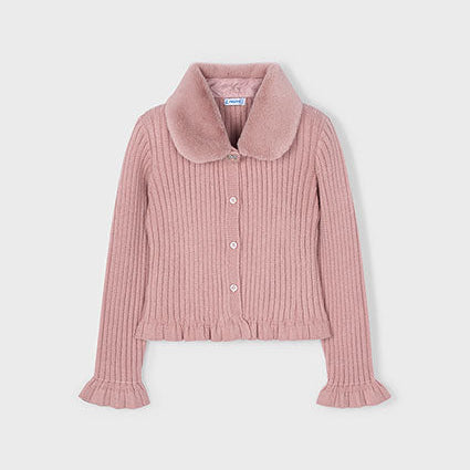 Pink Faux Fur Collar Cardigan