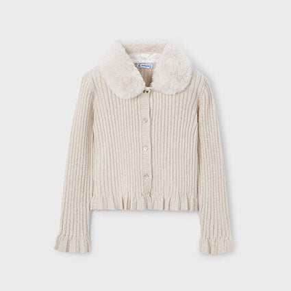 Beige Faux Fur Collar Cardigan