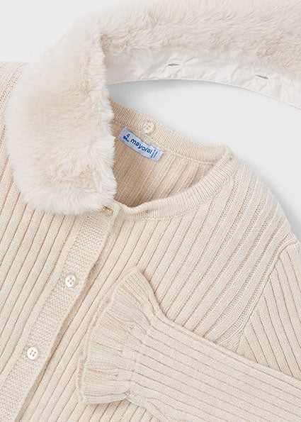 Beige Faux Fur Collar Cardigan