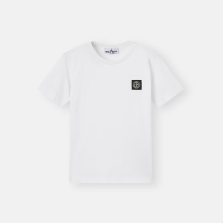A white short-sleeve crewneck t-shirt with a small black square logo patch on the left chest.