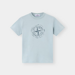 A light blue short-sleeve crewneck t-shirt with a dark blue circular compass logo printed on the chest.