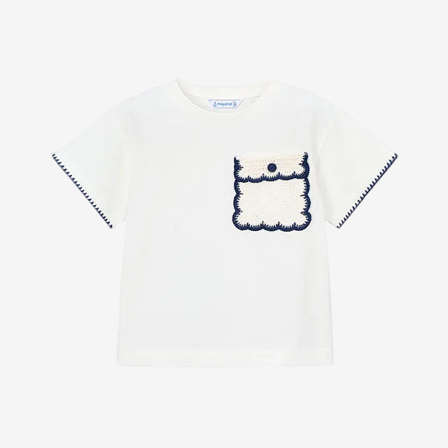 White t-shirt with a cartoon character design on a white background
