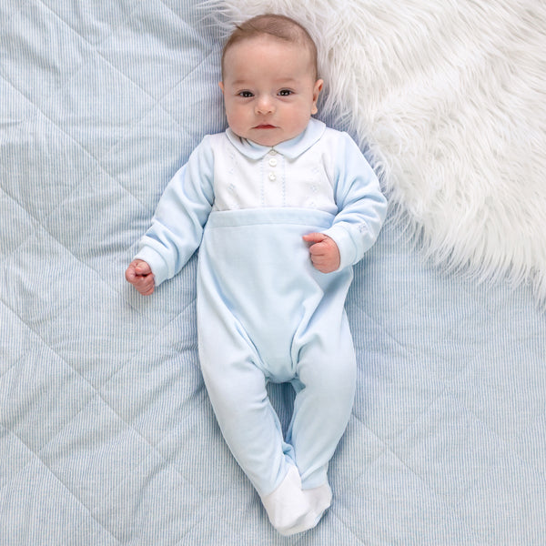 Emile et Rose Monty Blue Velour Babygrow | Casa Childrenswear