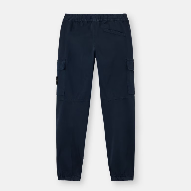 A pair of dark navy blue cargo pants shown from the back, featuring side cargo pockets and an elastic waistband.
