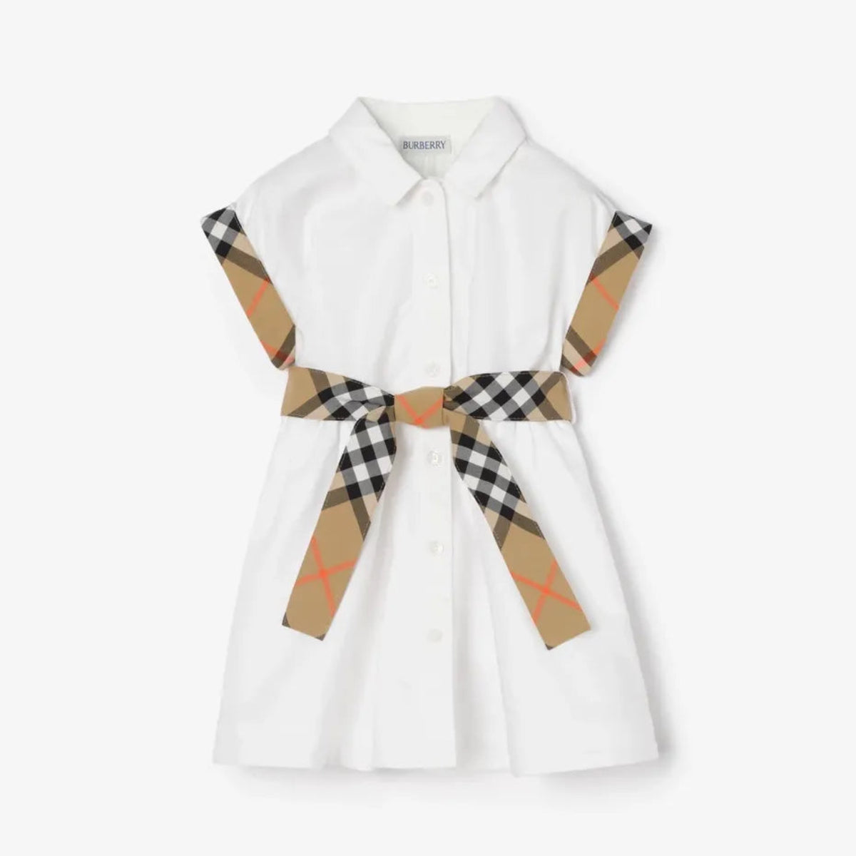 Burberry Baby Girls White Cotton Dress with Check Trims | Casa Childrenswear