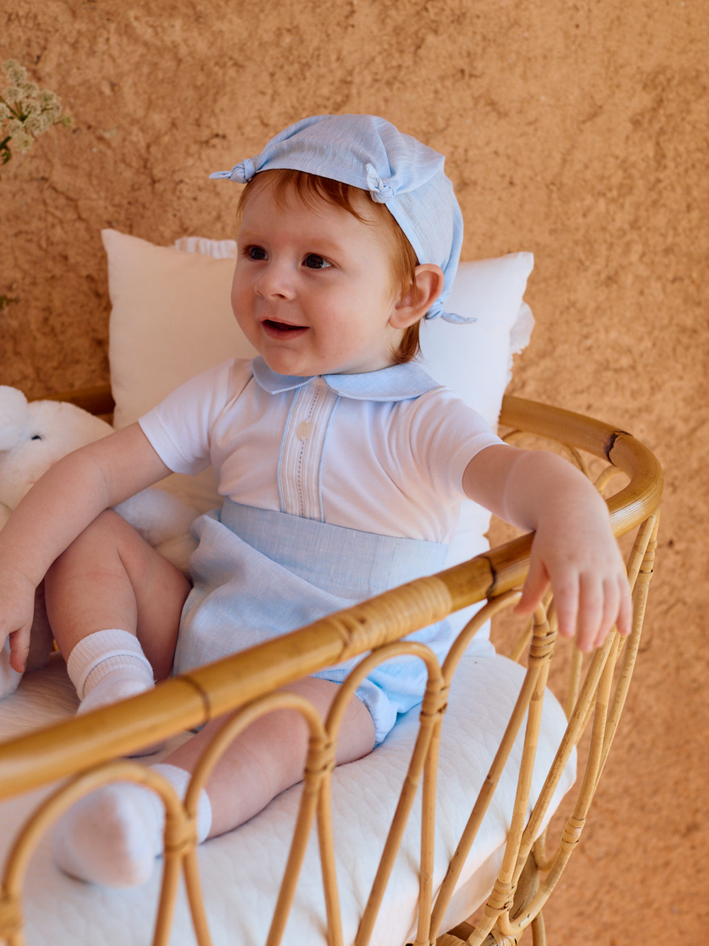 Patachou Baby Boys White Cotton & Blue Linen Shortie | Casa Childrenswear